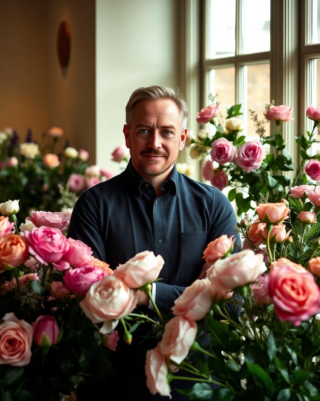 Neil Brown, florist, in his Newark studio surrounded by roses