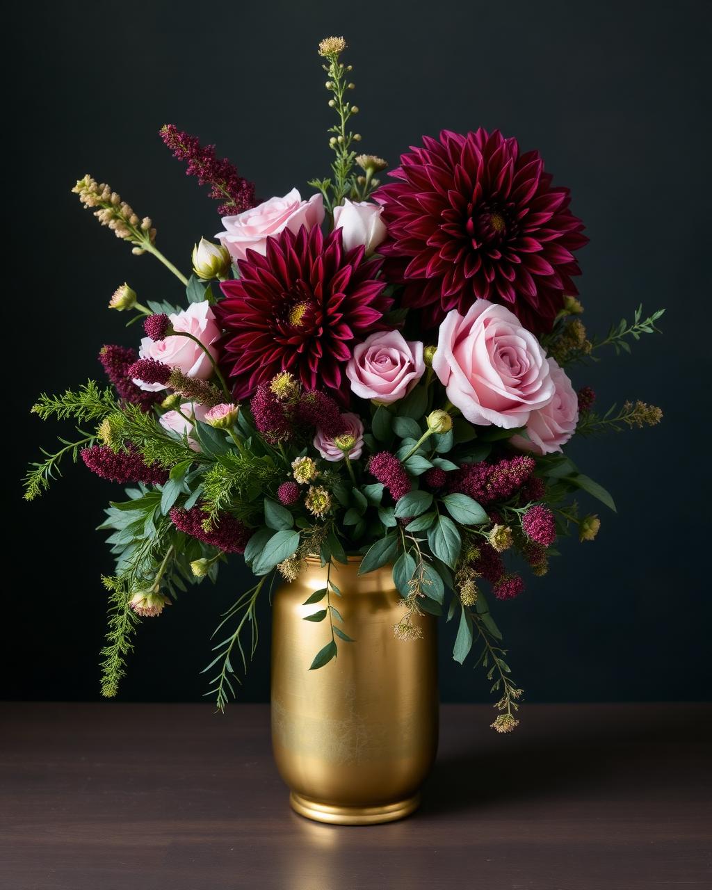 A burgundy and blush arrangement in a brass vessel